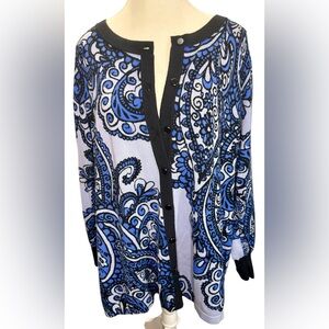 BOB MACKIE Wearable Art | Blue & Black Paisley Button Cardigan Sweater | Size 1X